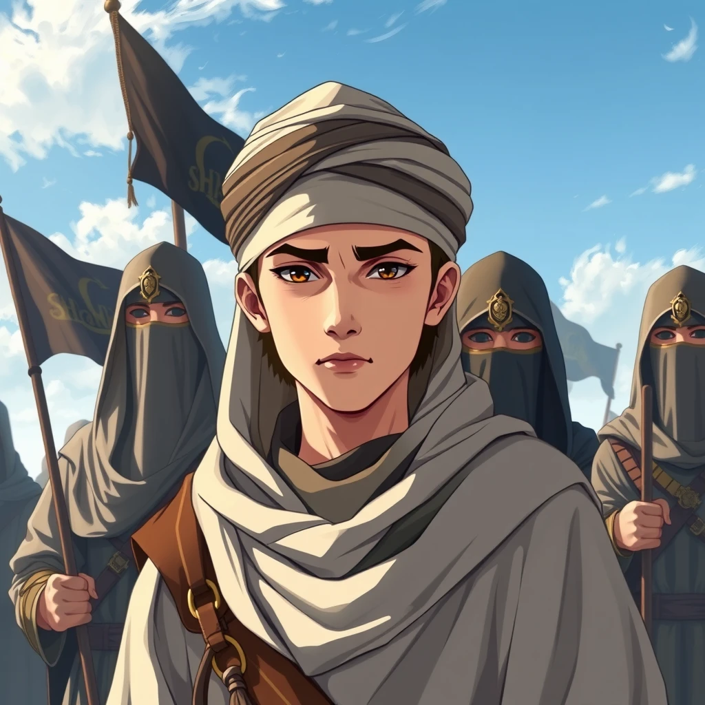 Full-view anime portrait of a young Muslim commander wearing a modest cloak and turban with scarf hood clothes, standing behind great Muslim warriors with a leader expression. The medieval Muslim warriors are wearing veils and holding black Shahada banners while guarding him in open land. Alpha, acrylic paint shader, dynamic illustration. - Image