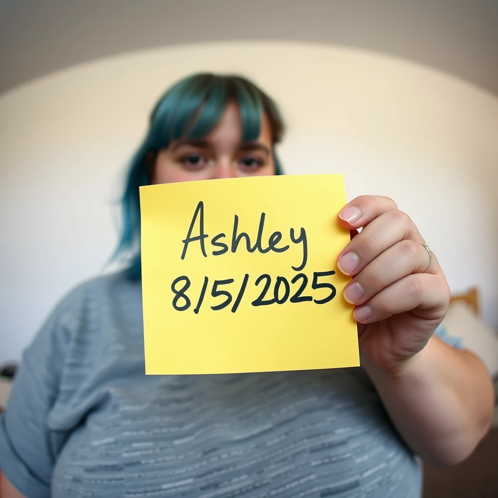 Photo taken on a low quality webcam of a girl holding up a sticky note to the camera that says “Ashley 8/5/2025” in hand written script. It’s a wide focal length and is photorealistic. The background is a typical home setting, a blank drywall white wall. There isn’t any background blur. Smartphone photo, bad quality. There is no depth of field or any blur. F.16 aperture. 35mm lens. The girl is a white overweight woman with blue dyed hair.