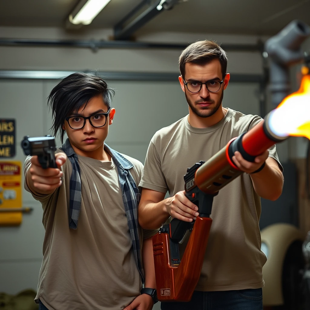 2 person setting, "21-year-old white Chinese man wearing square glasses, mid/long black mullet hair, holding pistol"; "21-year-old white European Italian man wearing round glasses, short hair, holding a very large fire extinguisher flamethrower", garage setting, both angry. - Image