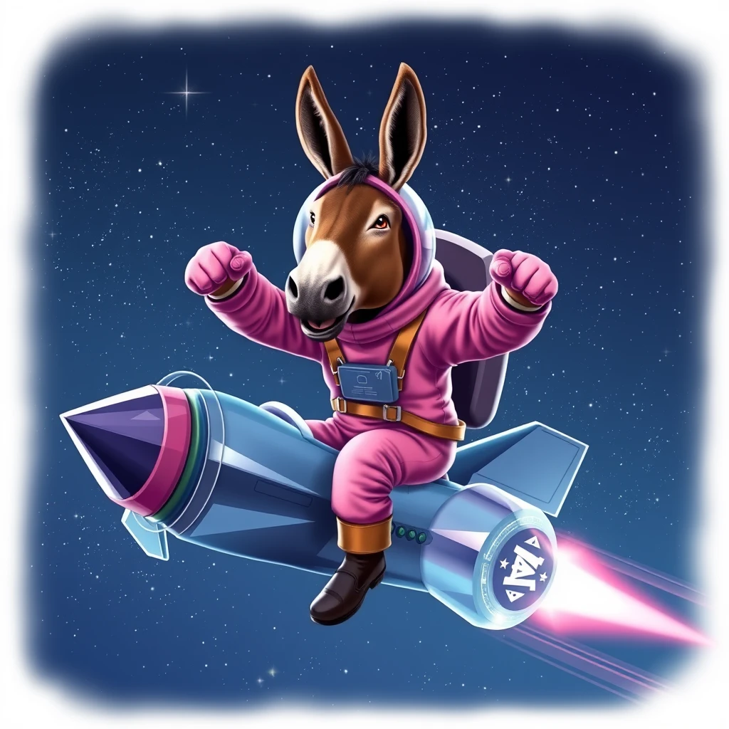 An ambitious donkey wearing pink astronaut costume, riding on a crystal stunning spaceship, making a punching gesture, flying to the outerspace under a clear night sky with lots of shining stars. Realistic style.