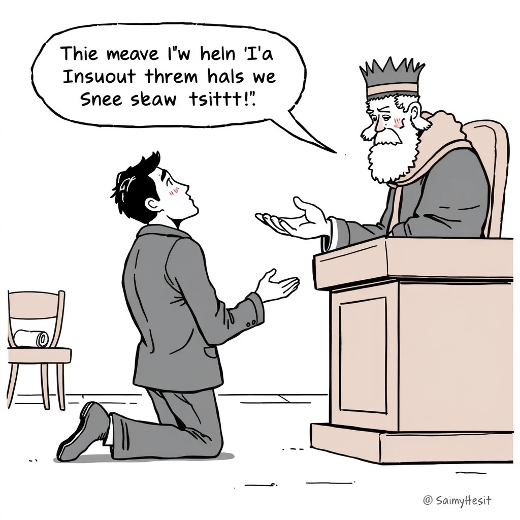 "Asain comic, lineart, a man kneels before the judge and is crying. The judge held out his hand and said very sneeringly: 'Give me 5w first.'" - Image