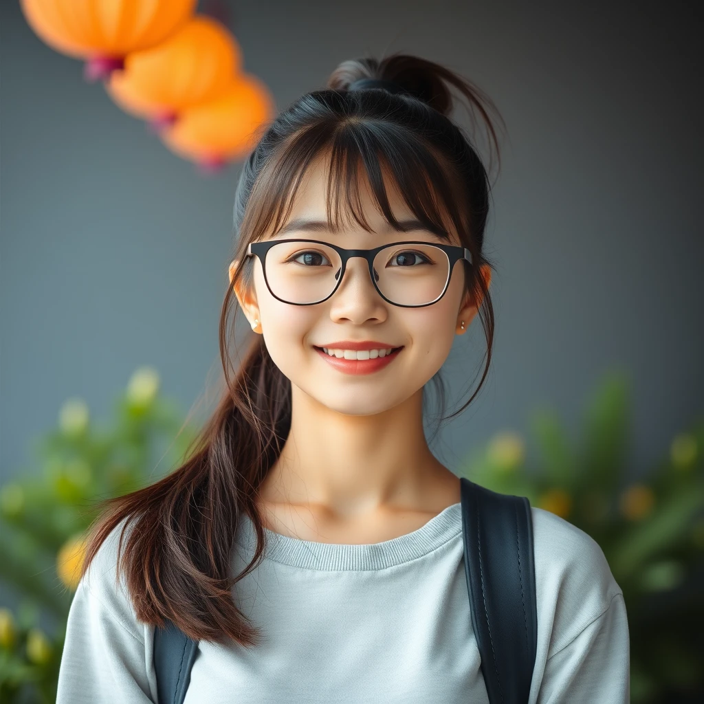 An Asian girl with ponytail and glasses