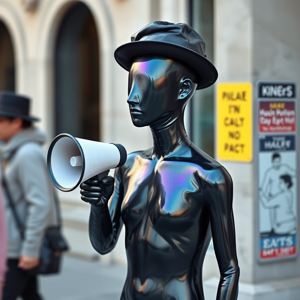 A figure stood there, skin smooth and metallic, the color of an oil slick, with no nose or mouth on its face and missing eyes and ears. It would be mistaken for a mannequin if it weren't moving around and wearing a hat, wielding a megaphone made of paper at passersby. No face. No facial features. No mouth. No ears. No eyes. Smooth skin. Black rainbow colors like an oil slick.