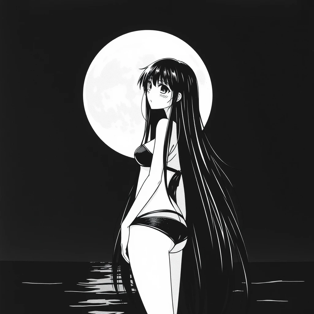 Girl with long, black hair in a black bikini. In the background, a black sky with a big, bright moon. Manga, grayscale.