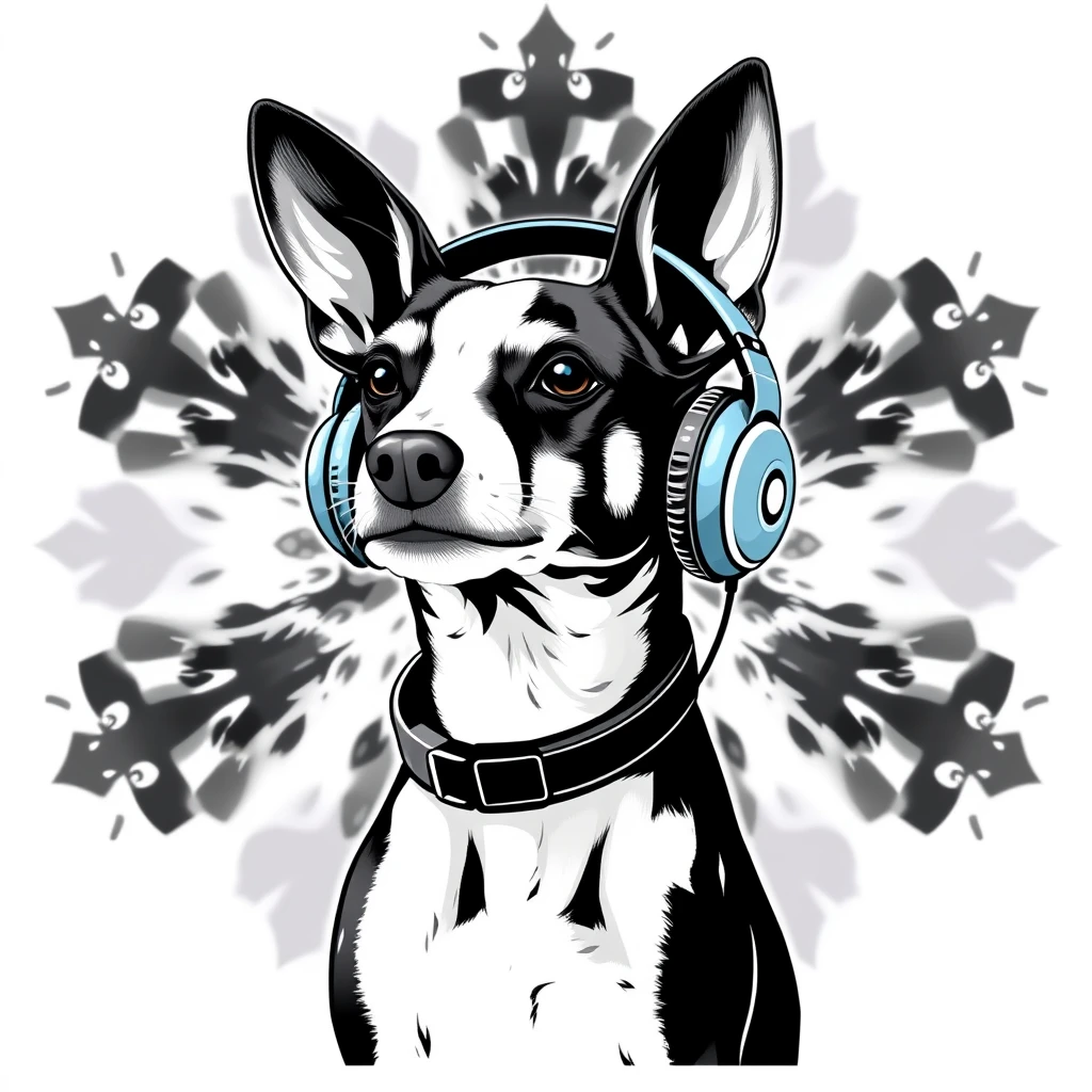 Whippet with headphones, Rorschach style, clean, simple, white background, professional tshirt design vector - Image