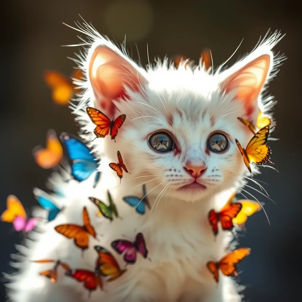 A full-bodied playful white kitten fully constructed from colorful butterflies, gazing curiously at the viewer. Sunlight streams through the butterflies, casting playful shadows.