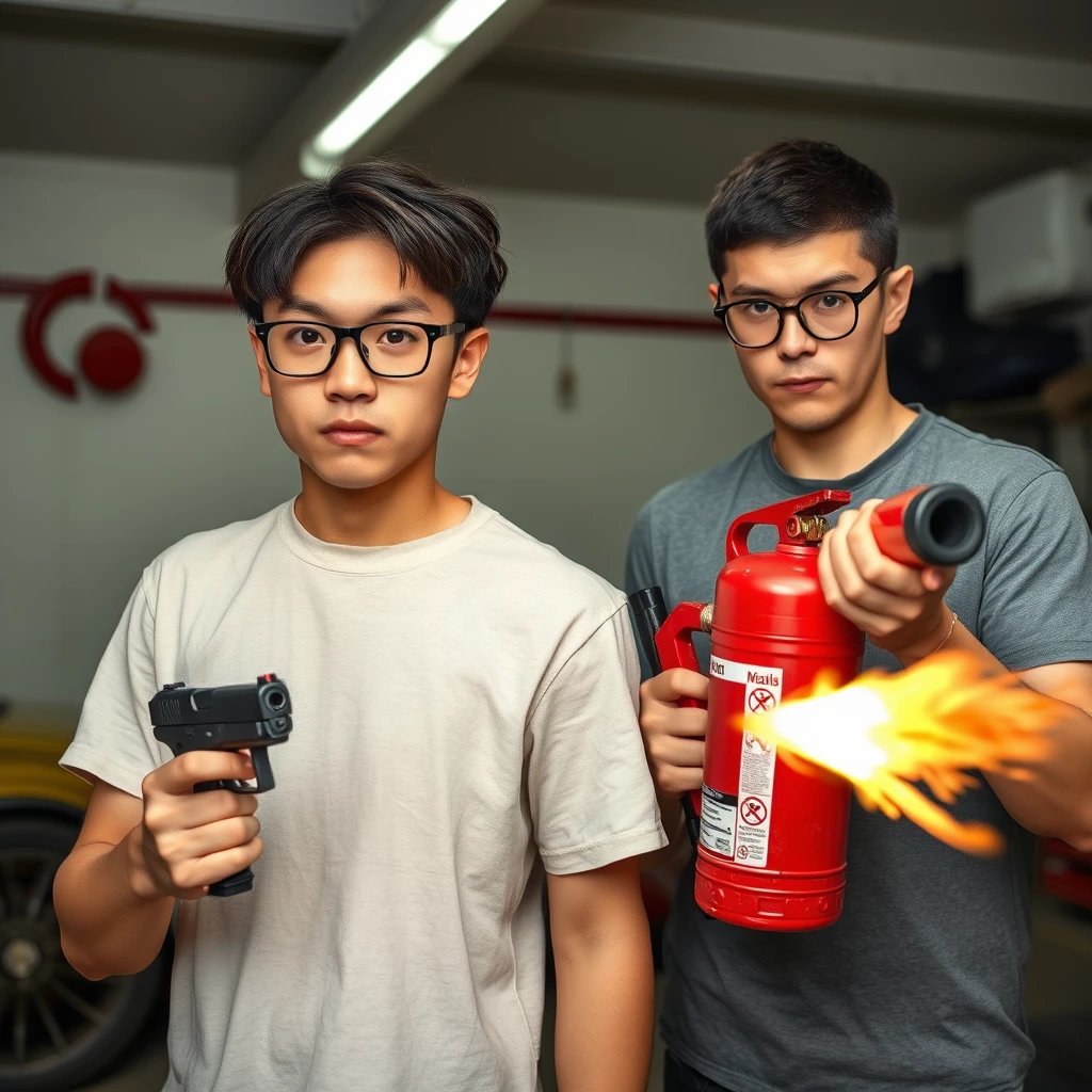 21-year-old white thin long-faced young northern Chinese man with a square chin, wearing square glasses, holding a pistol, "medium/long-length hair"; 21-year-old white Italian man wearing round glasses and short hair holding a very large fire extinguisher flamethrower; garage setting; both angry. - Image