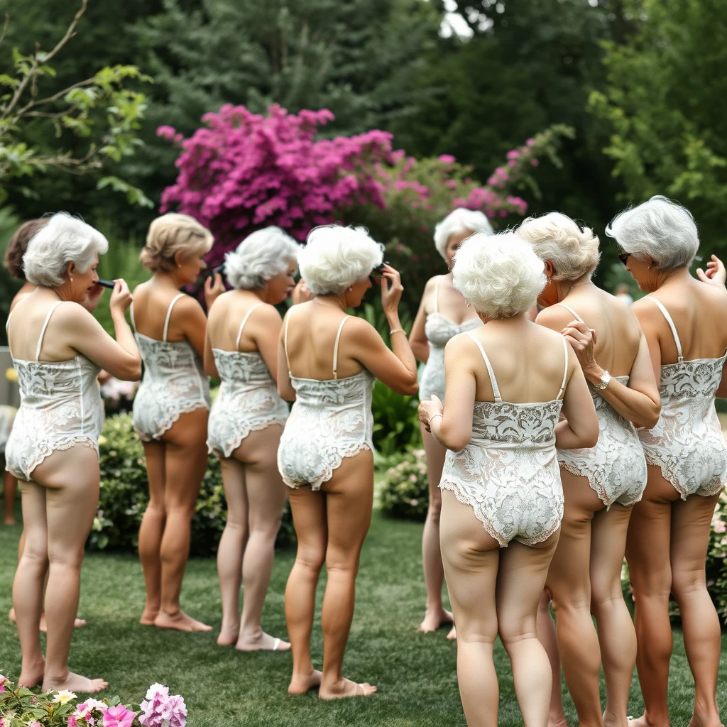 A group of 10 older women aged 80 and above in lace bikinis applying lotion on each other in a garden, some facing forward and some behind in a row.