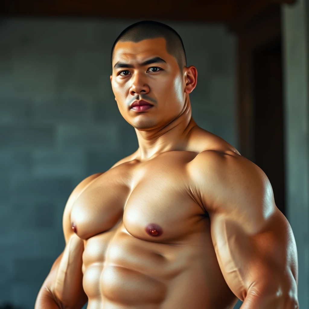 "a full body portrait of a muscular beefy Asian male, high body fat, buzz cut, 4k, detail, hd, realistic, masterpiece,"