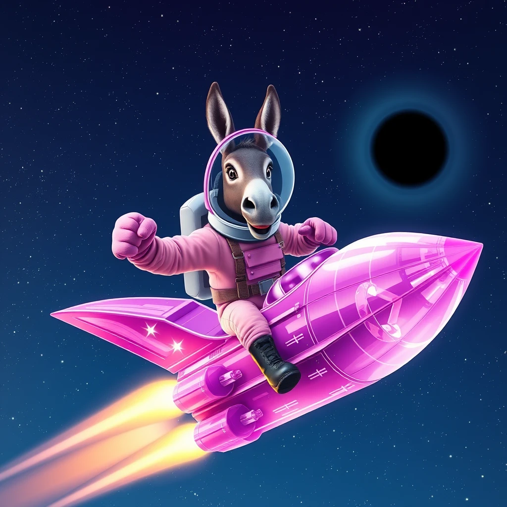 An ambitious donkey wearing pink astronaut costume, riding on a crystal light purple stunning spaceship, making a punching gesture, flying to the outerspace under a clear night sky with lots of shining stars, passing by a huge black-hole. Realistic style.