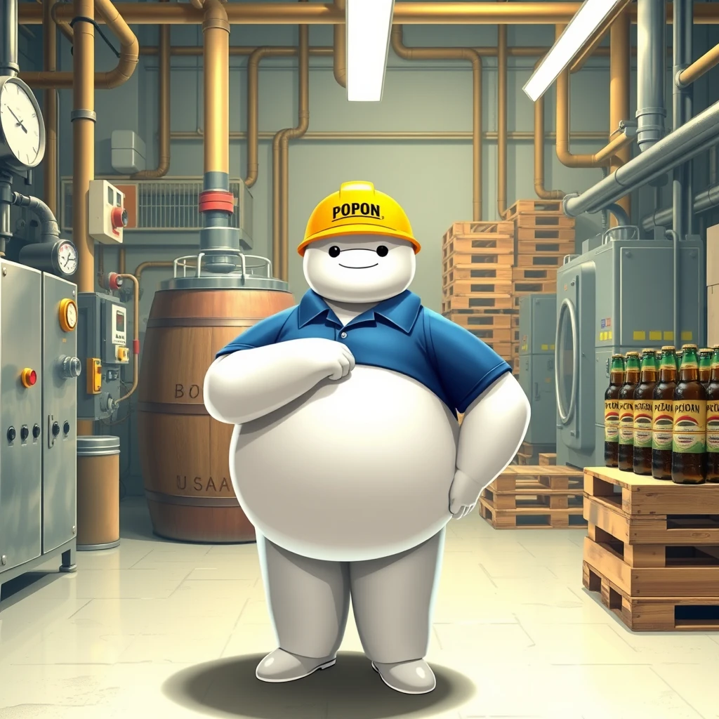 Baymax in a beer bottling facility surrounded by machinery, a barrel, gauges, measuring instruments, pallets, bottles of beer, dressed in a blue polo shirt, blue jeans, and a yellow helmet that has the word POPON written on it. - Image