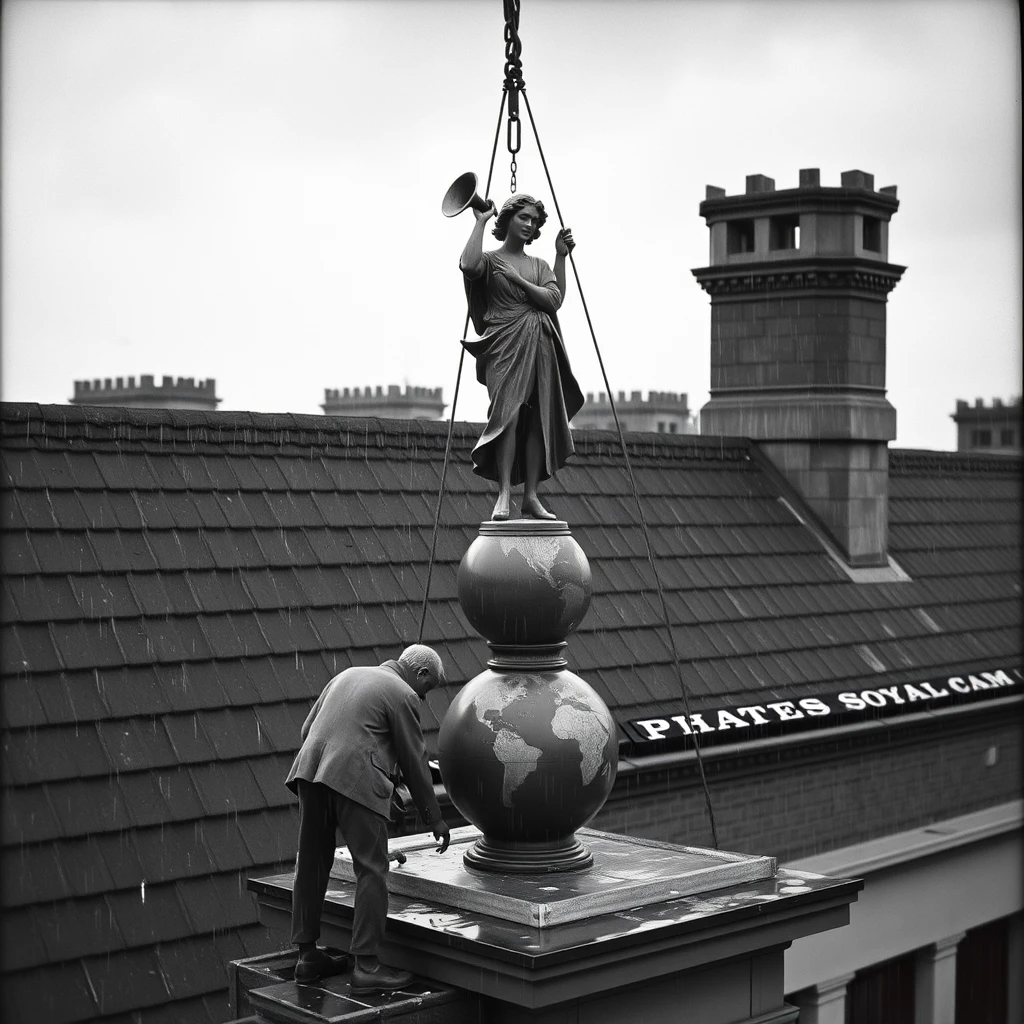 A highly detailed photograph depicting some men removing an 8' tall statue of 'Victory' playing an angel horn, standing on a small globe, from the roof of The 'Theatre Royal' in Chatham, 1940. It's raining and a dark and dismal day. - Image