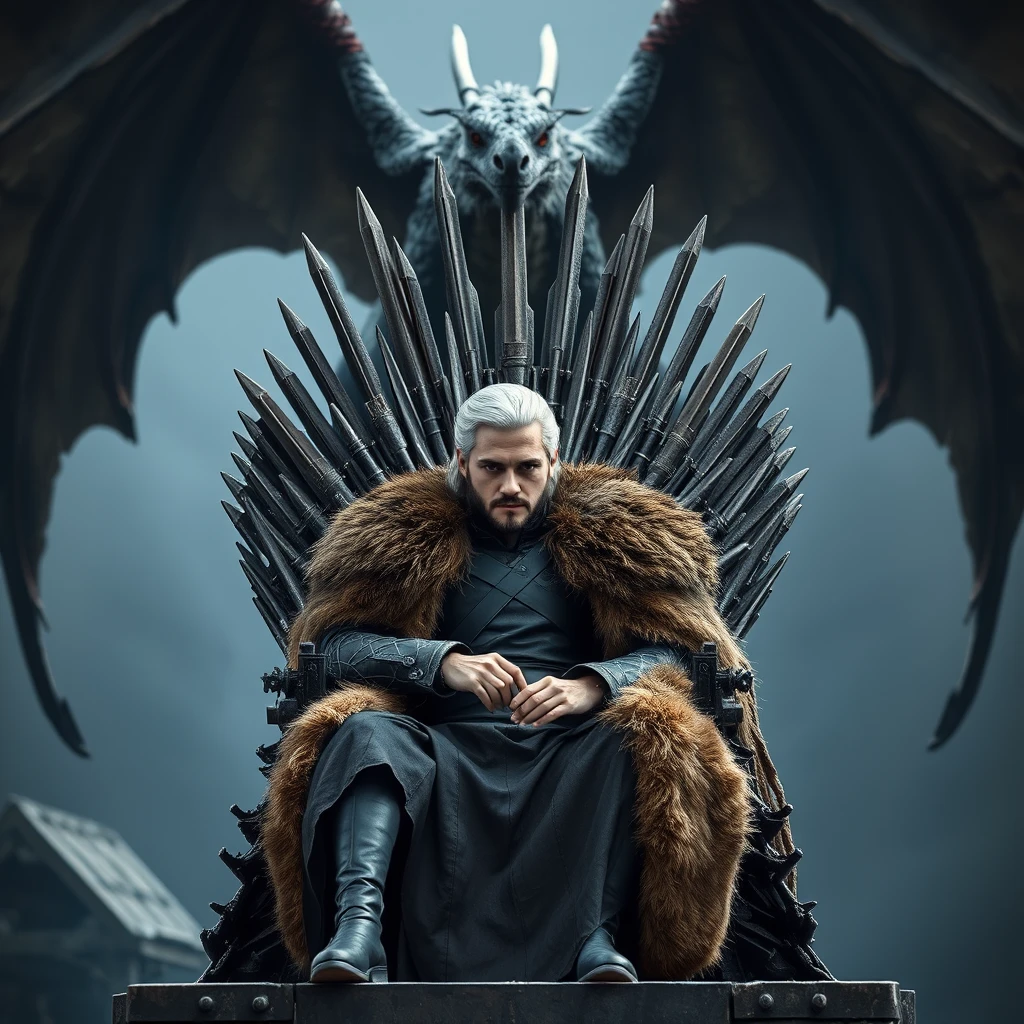 Create a real photo with Jon Snow sitting on the Iron Throne with a dragon behind him. - Image