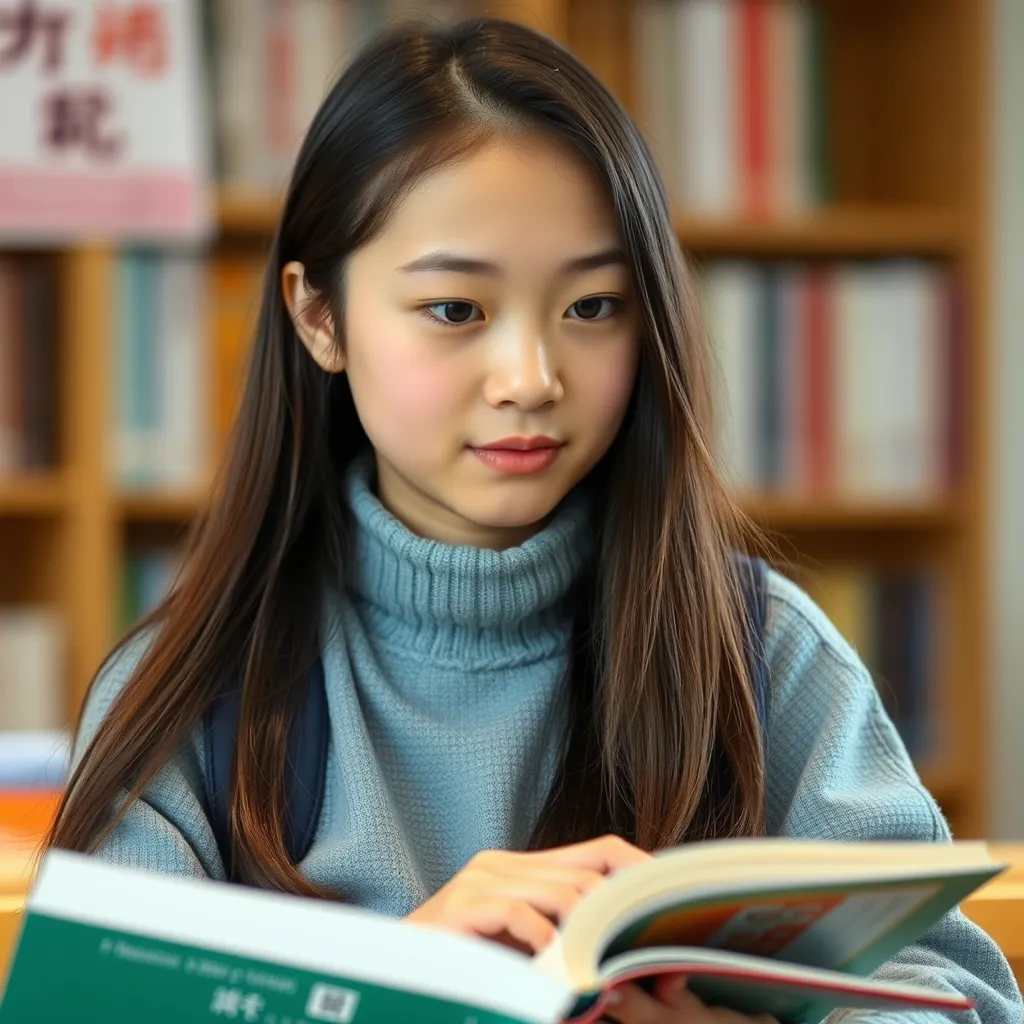 A girl, very beautiful, oval face, Chinese, 18 years old, high school student, looking at books. - Image