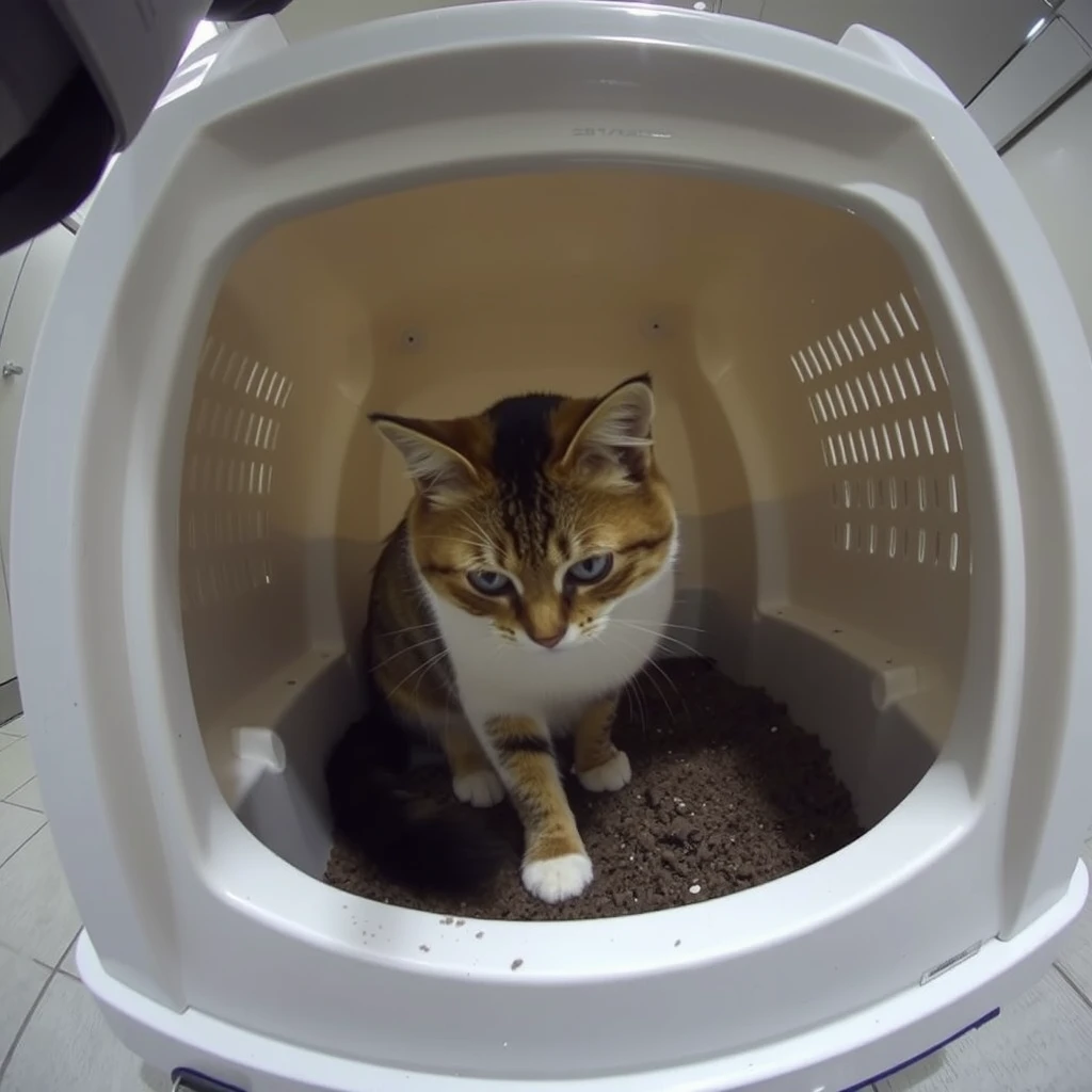 A cat pooping in the cat litter from a surveillance camera perspective. The photo is in surveillance style.