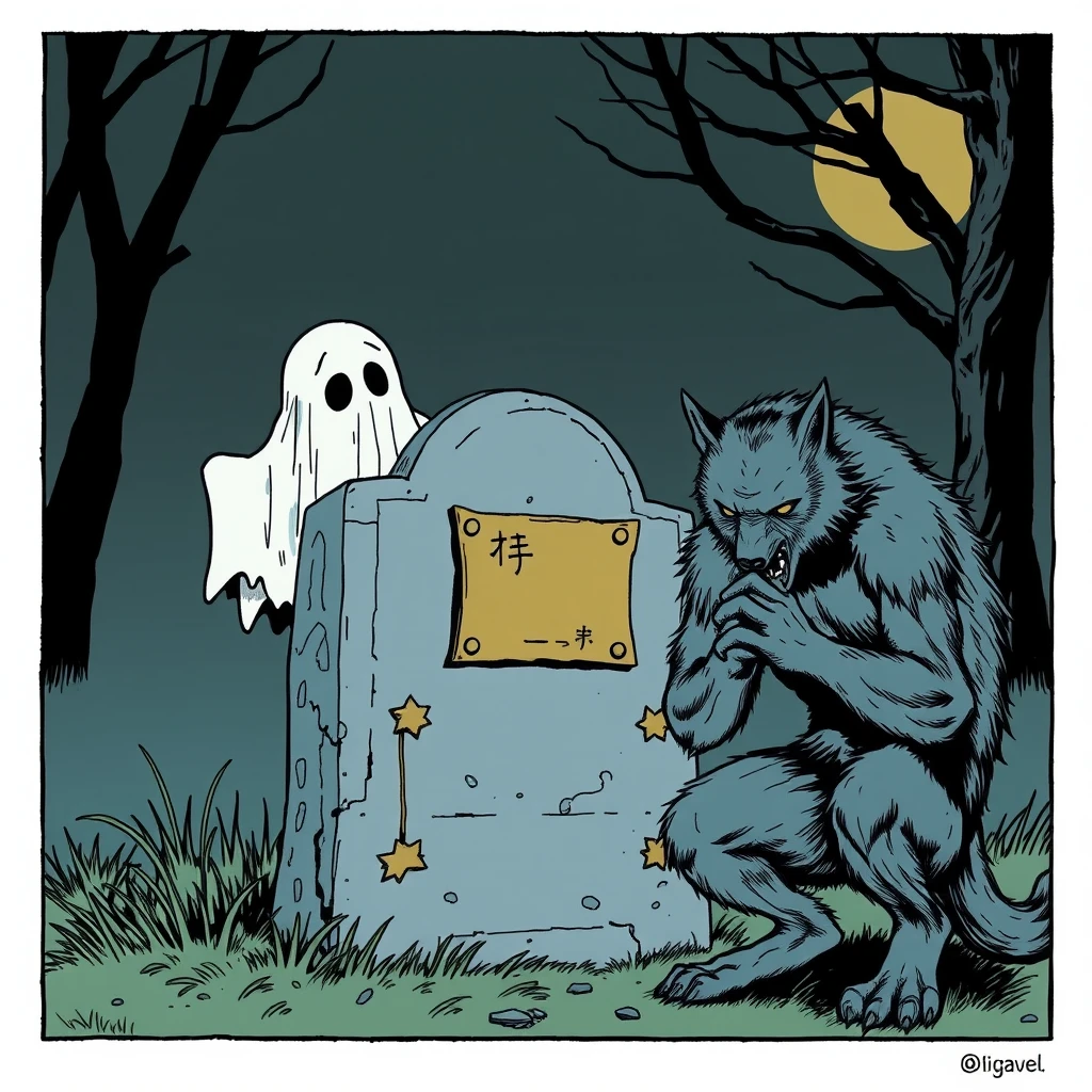 Graphic Novel: A ghost on its gravestone with a brass plaque, in front of it a hunched werewolf folding its hands.