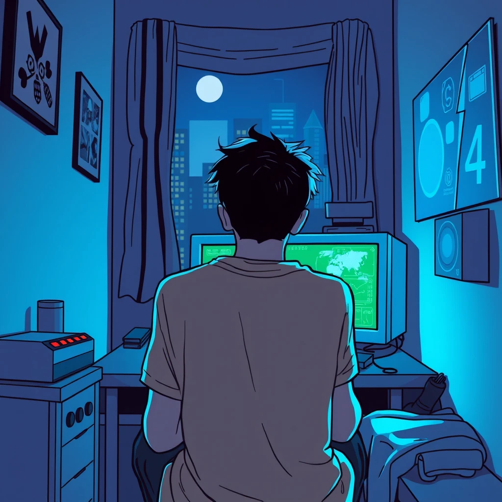 In a small room at night, a young man is sitting with his back to the camera, facing the computer, playing a game in a cyberpunk comic style.