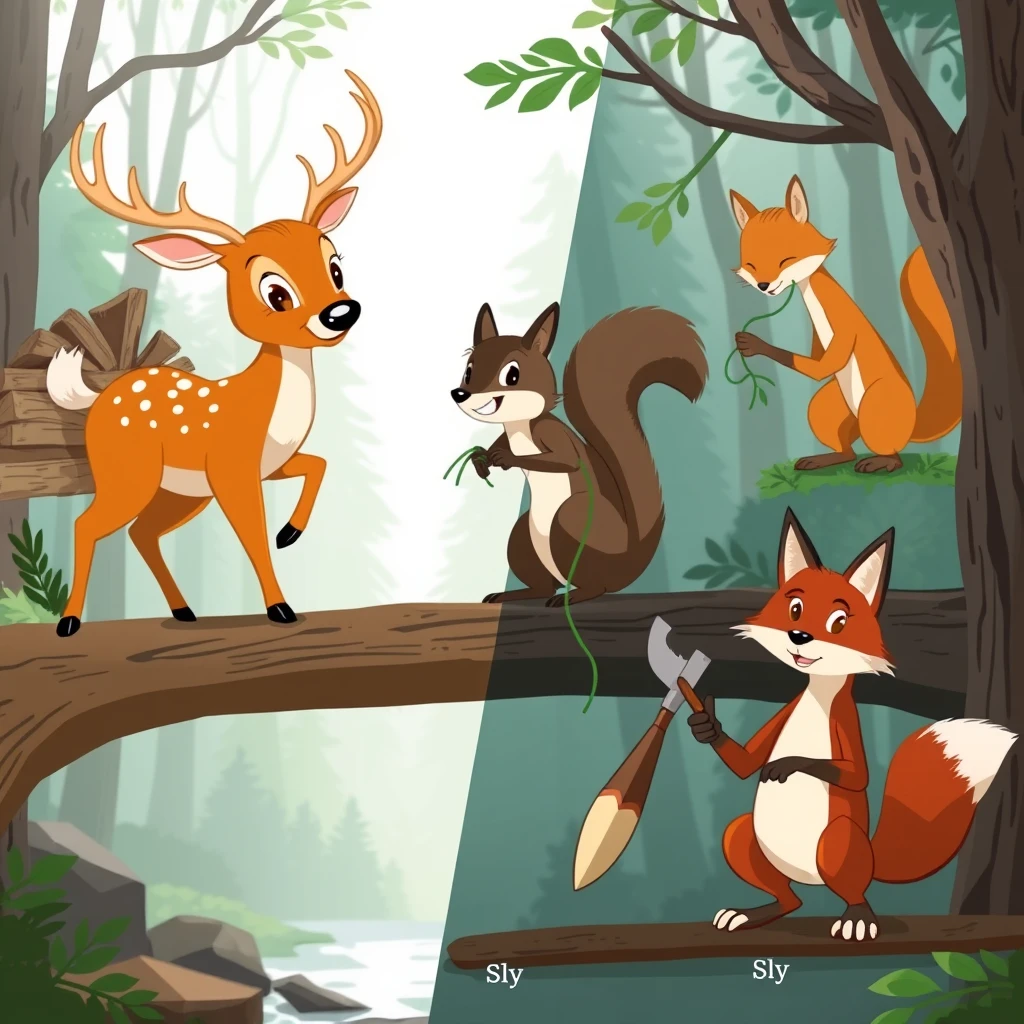 A dynamic split-screen showcasing the forest animals in action: the deer, named Daisy, gathering wood, the squirrel, named Squeaky, securing vines, and the fox, named Sly, using tools, all contributing to the bridge repair. - Image