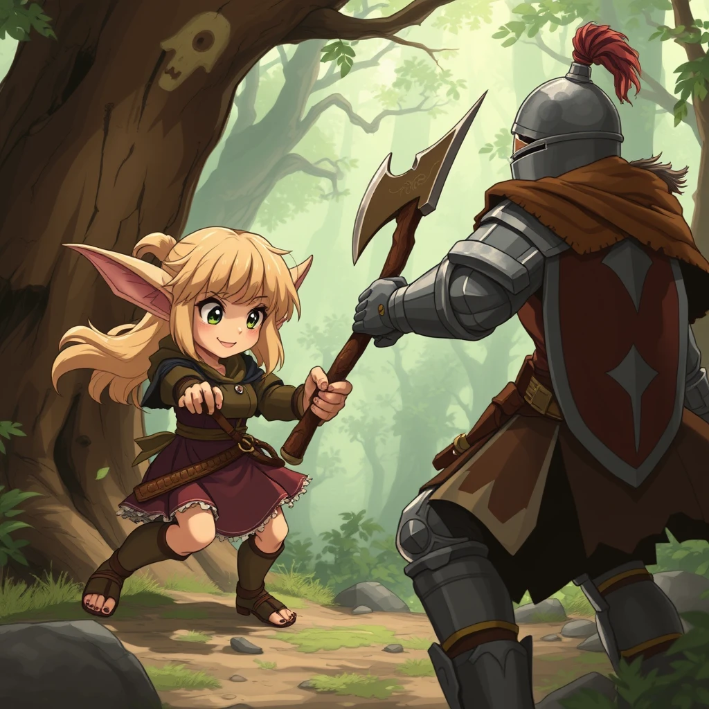 A pretty beautiful goblin girl in wood is using an axe to fight a human female knight. In anime style. - Image