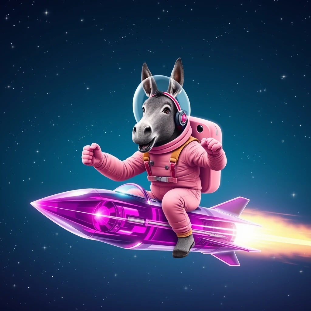 An ambitious donkey wearing pink astronaut costume, riding on a crystal light purple stunning spaceship, making a punching gesture, flying to the outerspace under a clear night sky with lots of shining stars. Realistic style.