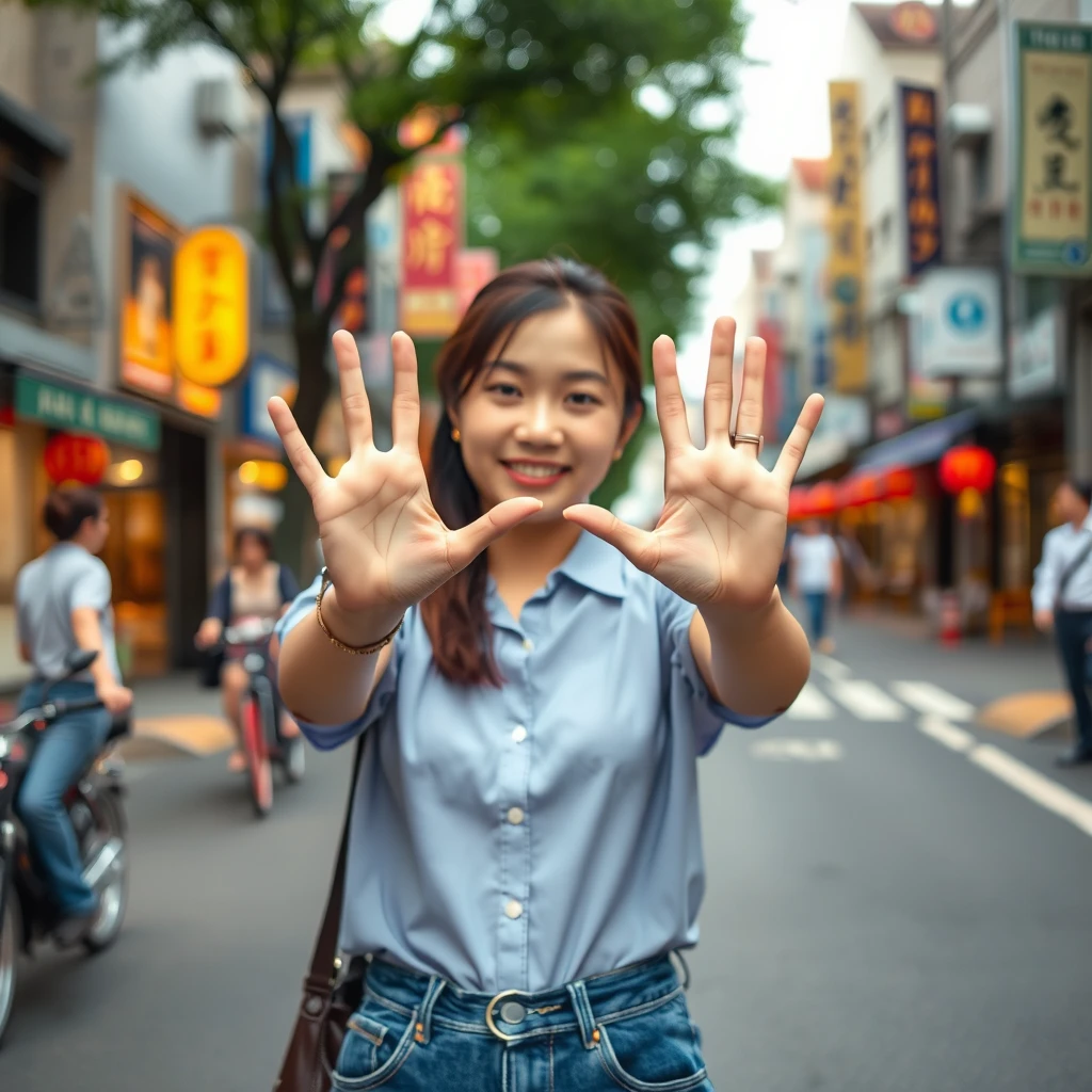 Asian woman holding hands out in middle of the street