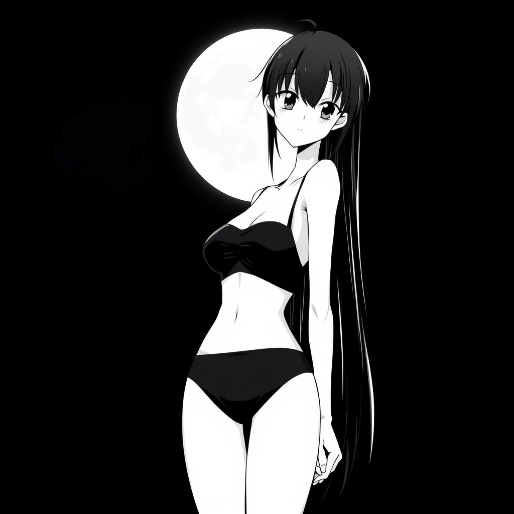 Slim, tall girl with long black hair wearing a simple black bikini. She is facing the viewer and it is night. In the background, a black sky with a big, bright moon. Manga style, grayscale.