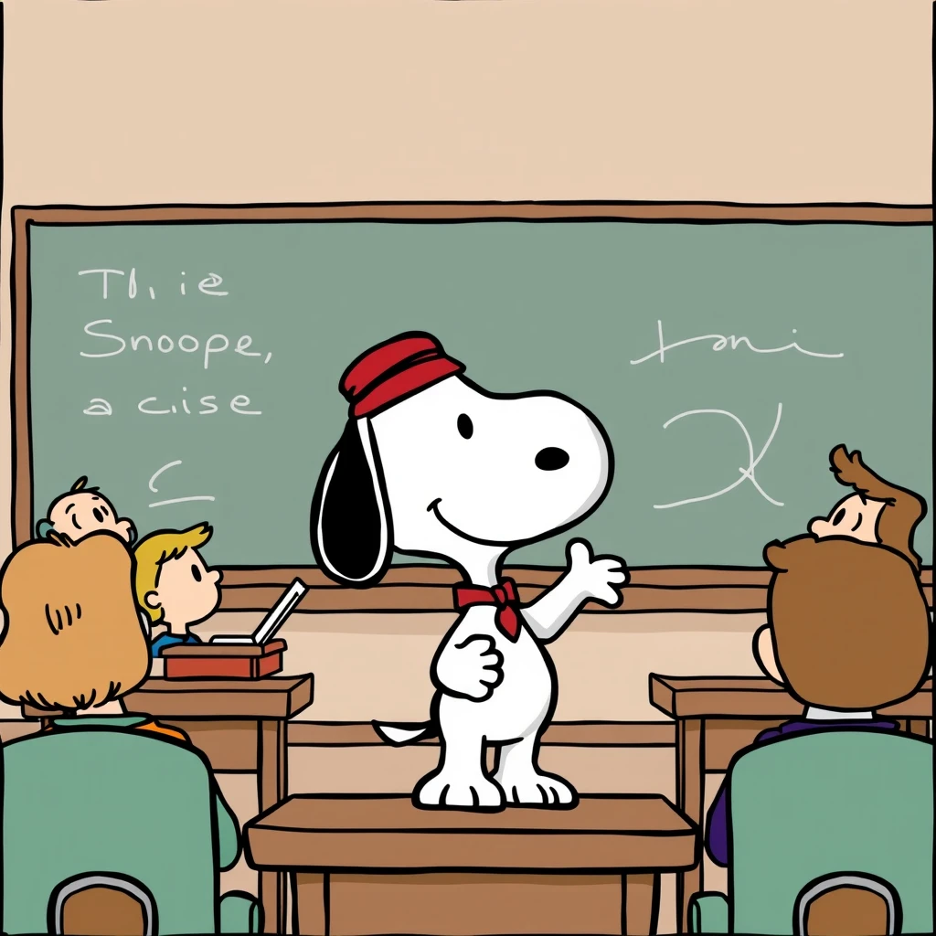 Comic: Snoopy as a teacher in front of the class.