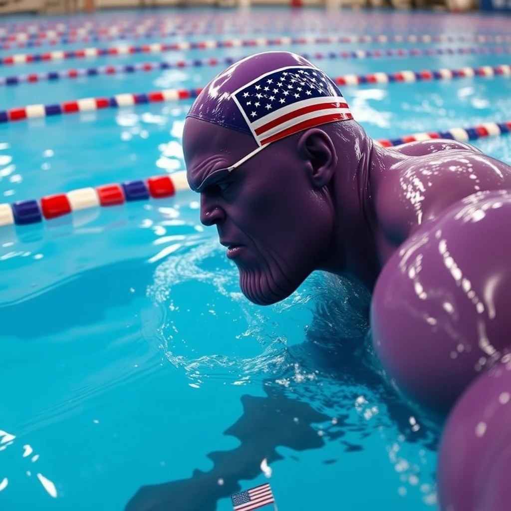 "Only the head is purple, Thanos is swimming in the competition, wearing a swimming cap with the American flag, realistic style, swimming motion, panoramic photo."