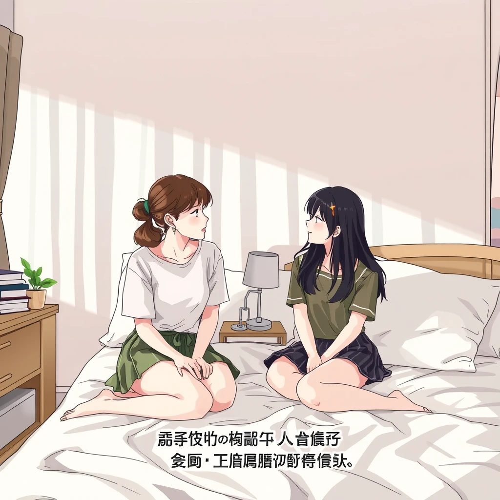 In the bedroom, an American female student and a Japanese female student are chatting, with Chinese characters. - Image