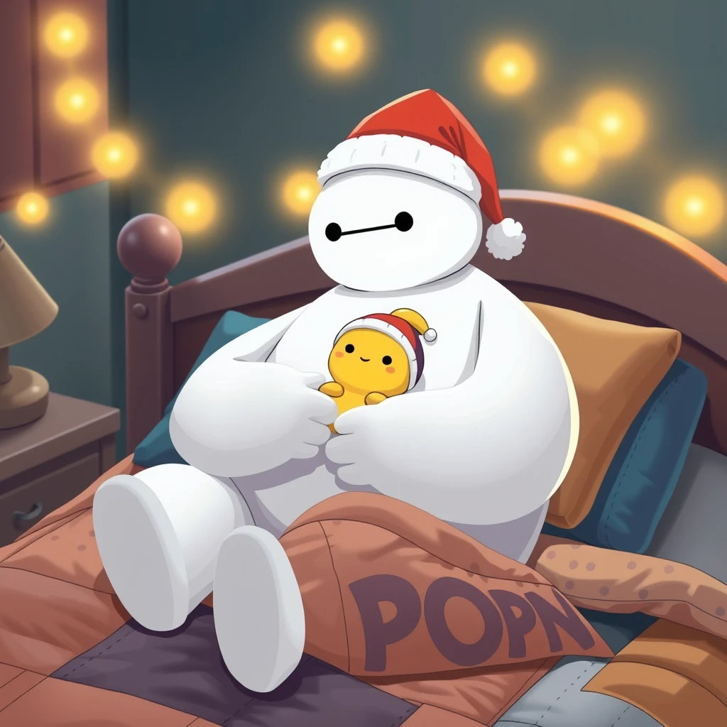 Baymax at night with a colored nightcap, cuddling and rocking a cute tiny yellow kawaii hatchling with a nightcap in the biggest fantastic cute kawaii bed in the world with the word POPON sewn on the patchworked padding.