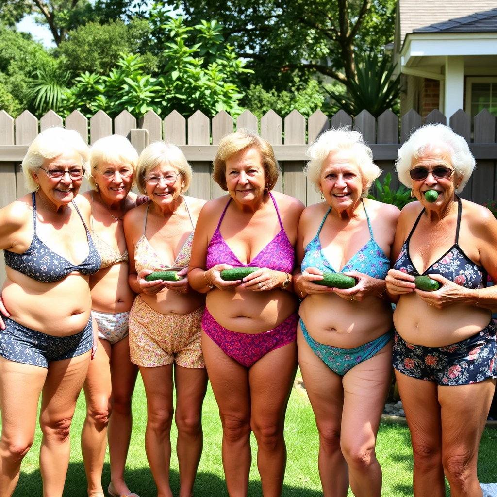 6 women of varying sizes in small bikinis in the backyard, aged 80 plus. Cucumbers in mouth and hands on chest.