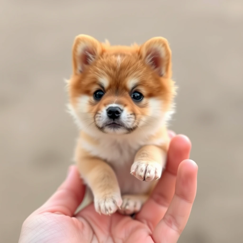 A very very very small cute Akita dog on four in a hand. - Image