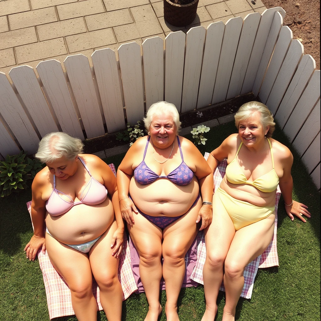 Three old large women tanning in bikinis in the backyard; the view is from above.