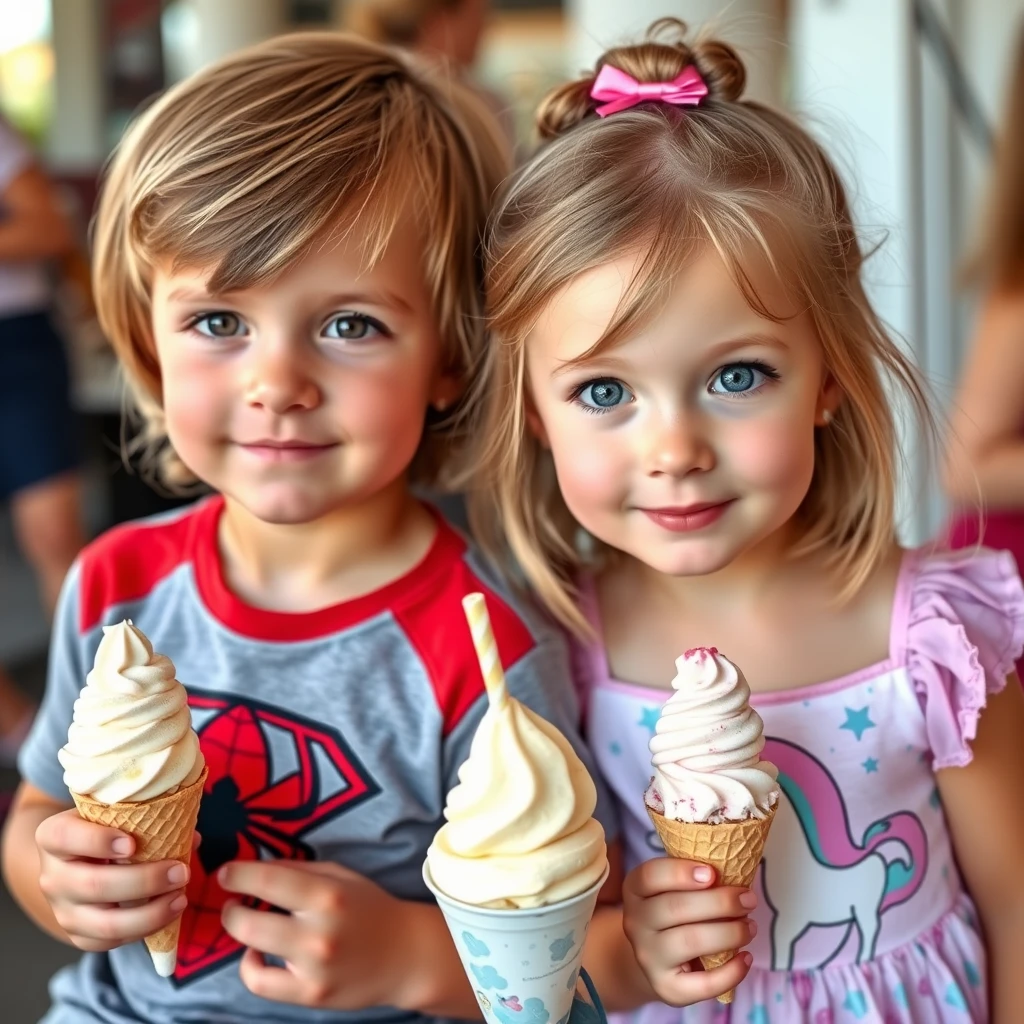 Four-year-old twins, a boy and a girl. Light brown hair and hazel eyes. Finnish-looking. The boy is wearing a Spiderman t-shirt, and the girl has a unicorn dress. They have the world's biggest ice cream portions. - Image