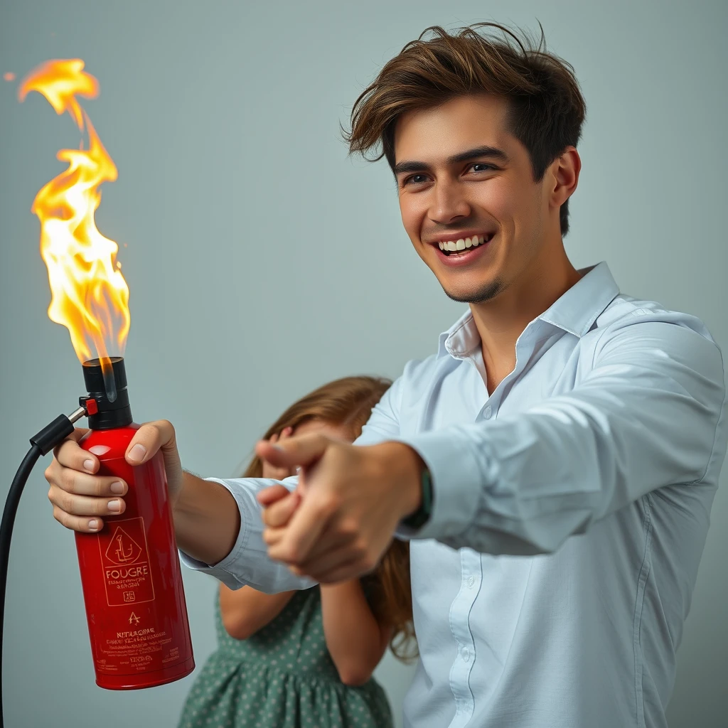 20-year-old smiling white Italian man holding "fire extinguisher flamethrower," pointing at "screaming green-eyed redhead girl in a fetal position, crying, engulfed in flames." - Image