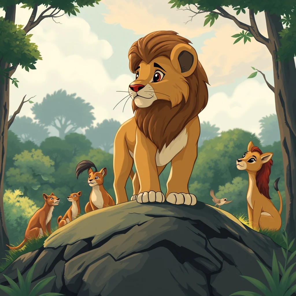 Leo the young lion stands on a hillock, gazing out at the forest animals with a look of resolve, ready to propose a solution to their predicament. - Image