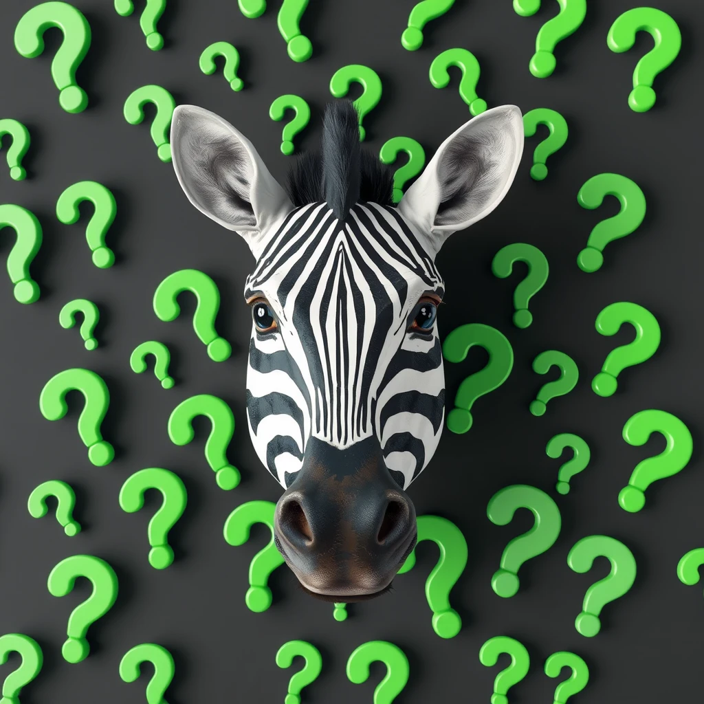 One zebra surrounded by green question marks.