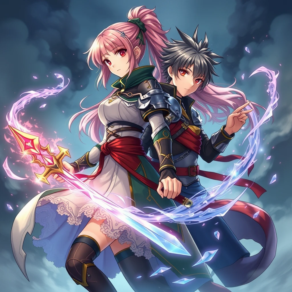 masterpiece, anime, fantasy, 2.5d, couple, mage girl and a warrior boy, very detailed - Image