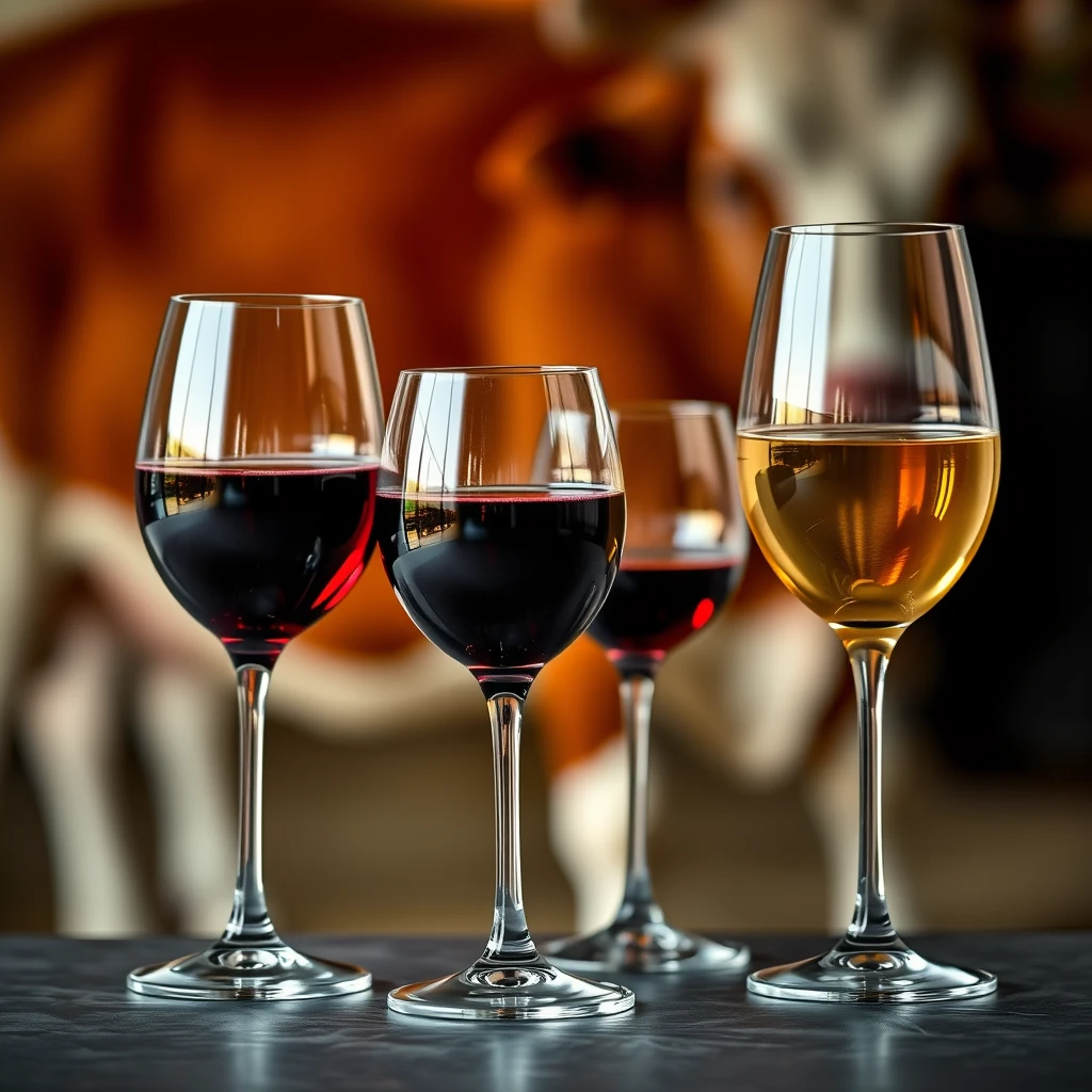 4 glasses of wine, one of which is upside down, with a blurry background of a cow. Shot on Canon EOS. - Image