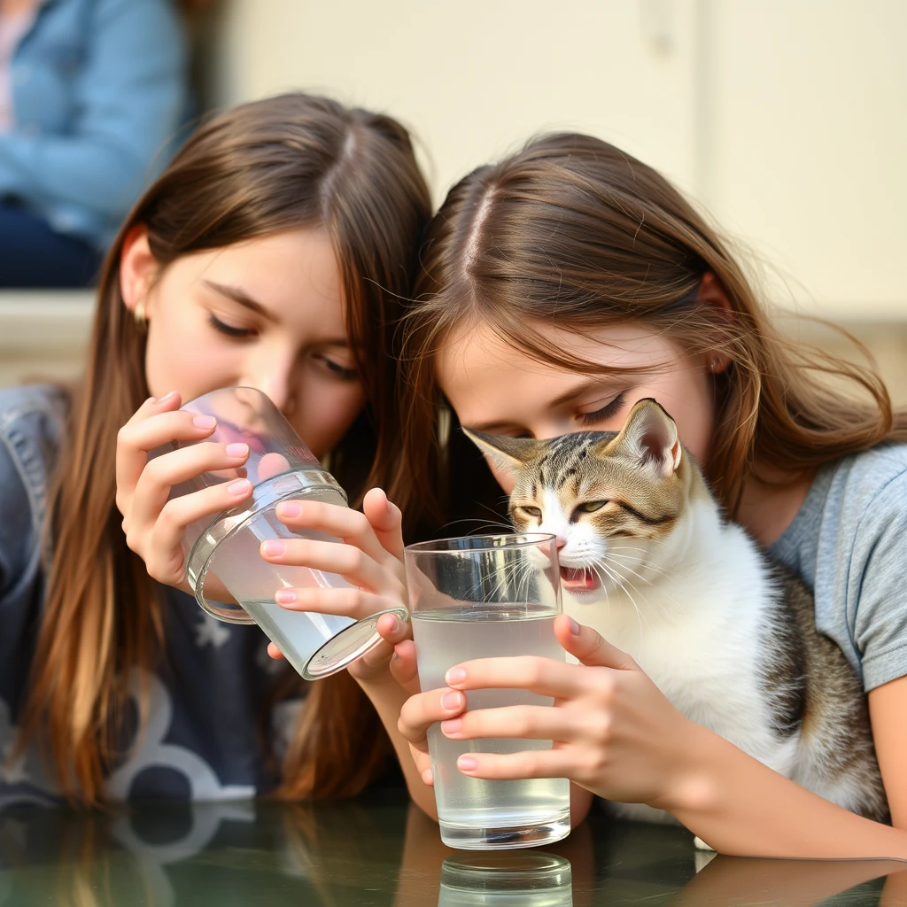 Two teen girls drink water like cats. - Image