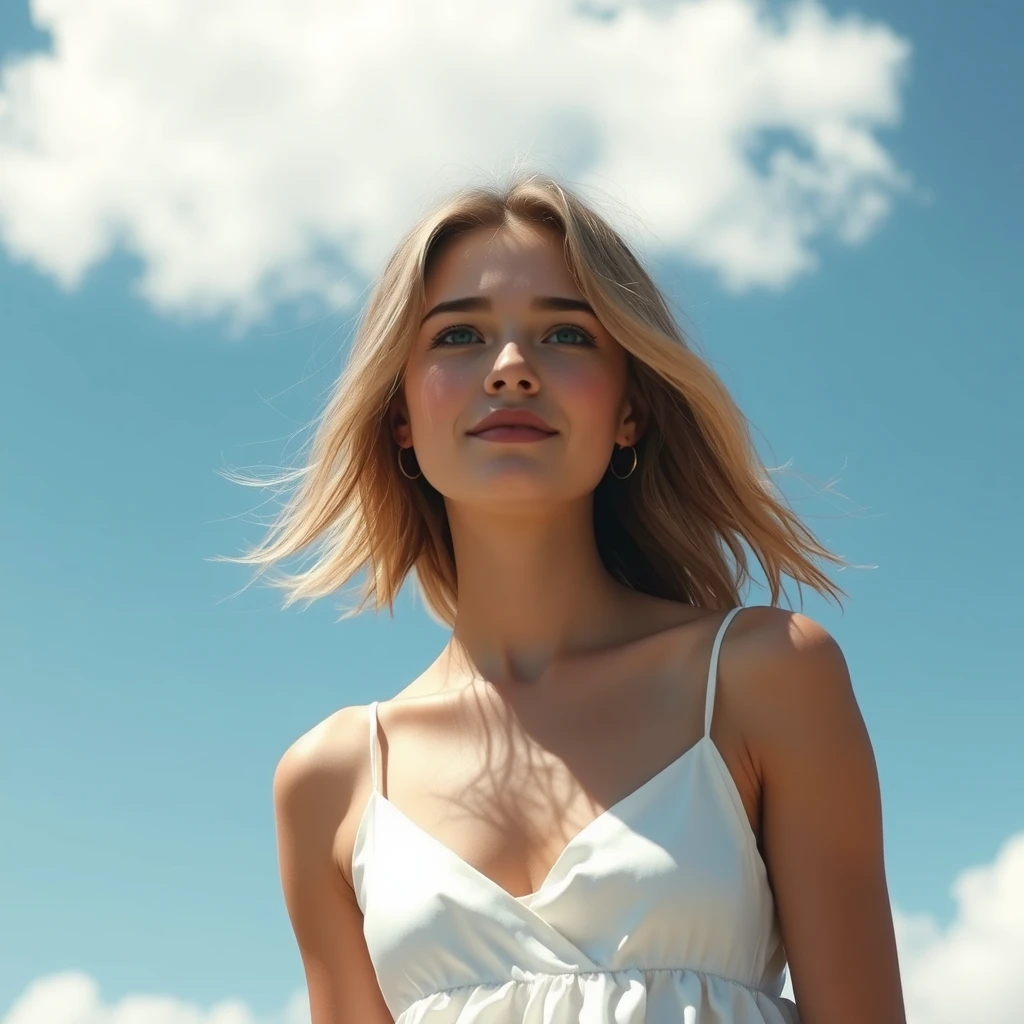 A serene, blissful scene of a young woman in a silky white sundress. The scene feels real and unpolished, informal. The subject has natural beauty, authentic imperfections; counter to the plastic surgery so often seen. A few strands of light blonde frame the sides of her eyes. The fluffy clouds decorate the clear blue sky. The breeze teases the hem of her skirt. She blushes with the sensitivity of life.