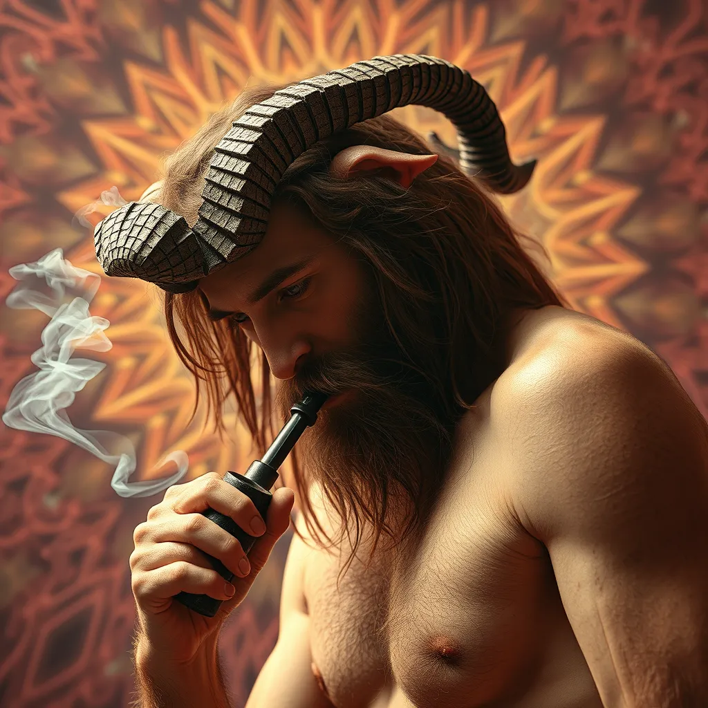 Satyr smoking DMT from a pipe and breaking through to another dimension full of geometric fractal patterns, HD photography.