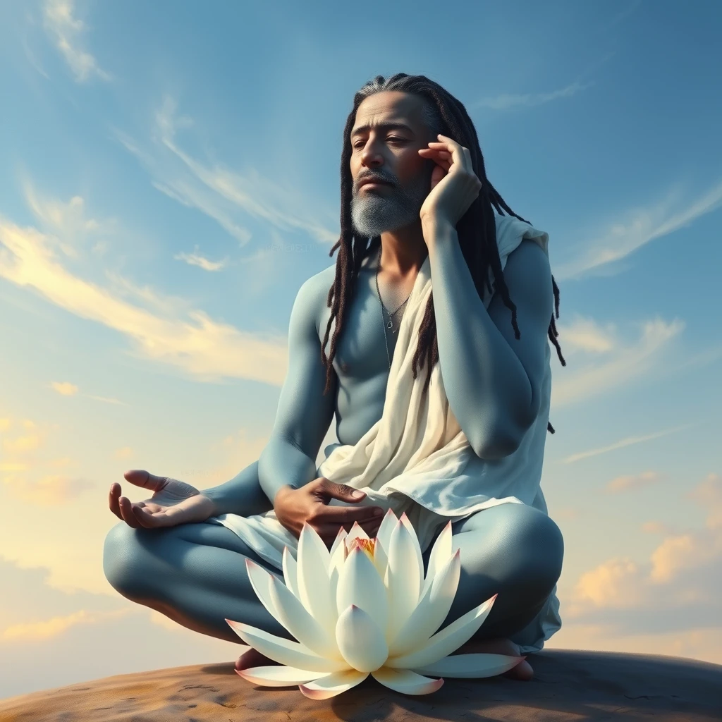 "Paint me a photorealistic image. In the background, the sky, with very few wispy clouds, and a hint of golden sunlight. In the foreground, a middle-aged man, very pale blue in color, sitting cross-legged in a lotus position, with long black dreadlocked hair. He wears a white shawl over one shoulder. His right hand is cupped to his ear as if he is trying to listen to something, and his left hand reaches forward in front of his left knee with his fingers pointing downward. Underneath him is a white flower, a lotus flower. It is a spiritual scene, and full of meaning." - Image