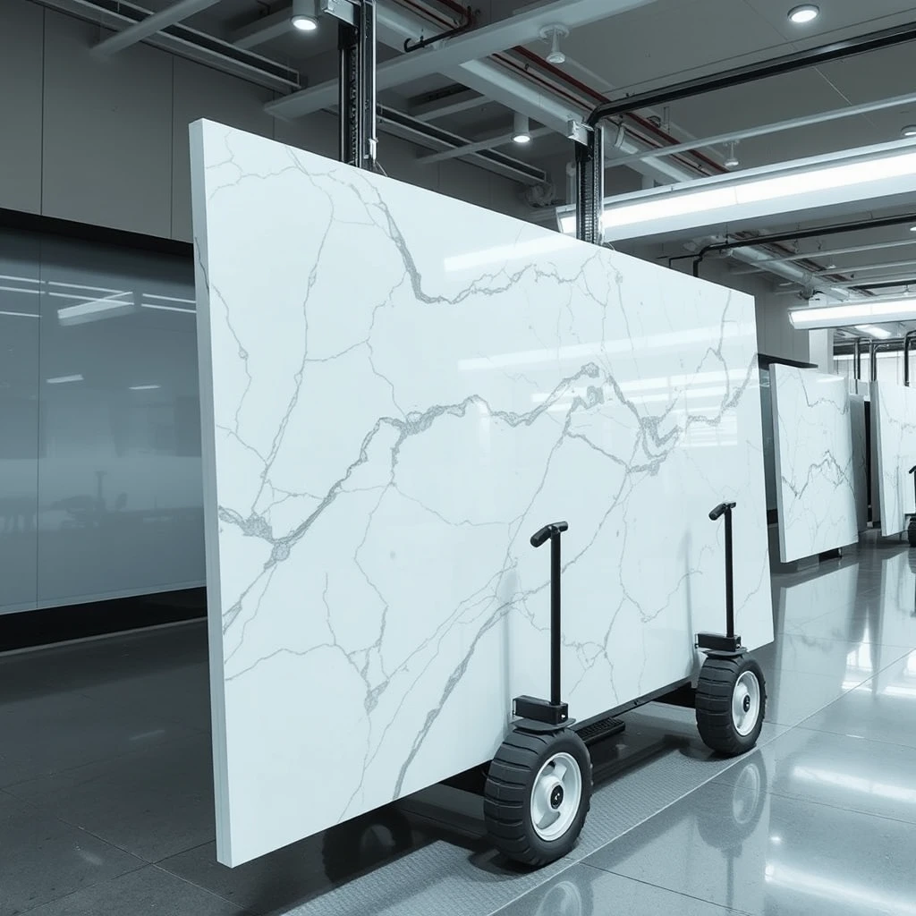 Smart, stylish automated display system that can hold large 4-meter-sized polished marble panels in such a way that they can be transported on Automated Guided Vehicles (AGVs) and oriented both vertically and horizontally, in book match format, for the best viewing experience.