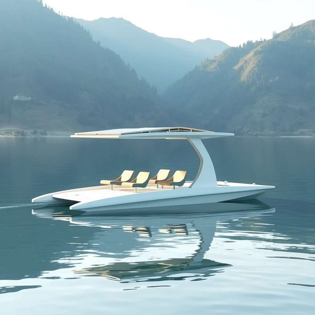 Smart minimalist design of an open hydrodynamic, 6 meter long Catamaran boat with 6 seats, in a calm lake in Kashmir, the platform powered by batteries and thruster pods, with foldable hard roof carrying solar panels over it.