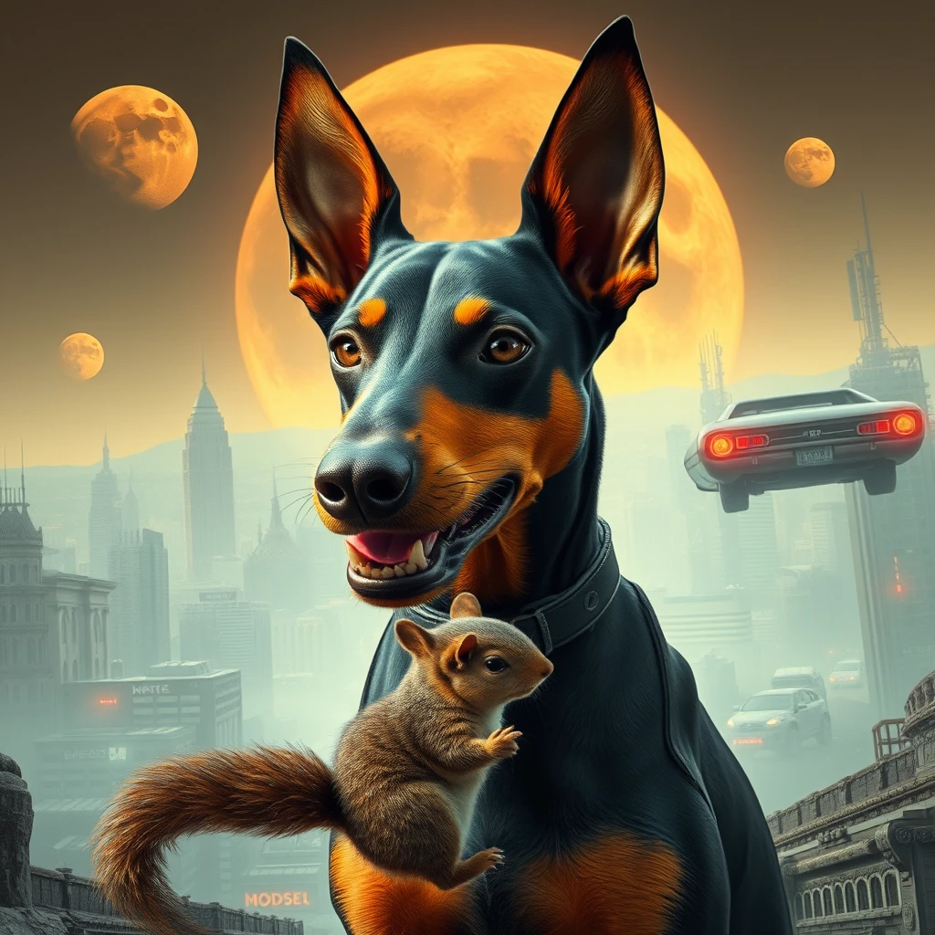 A cyborg German pinscher with natural ears in a dystopian sci-fi setting. Eating a squirrel. Mega city, flying cars, multiple moons, photo realistic. - Image