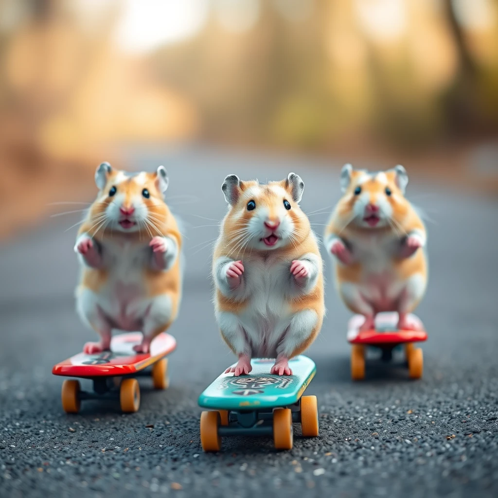 Hamsters riding multiple skateboards