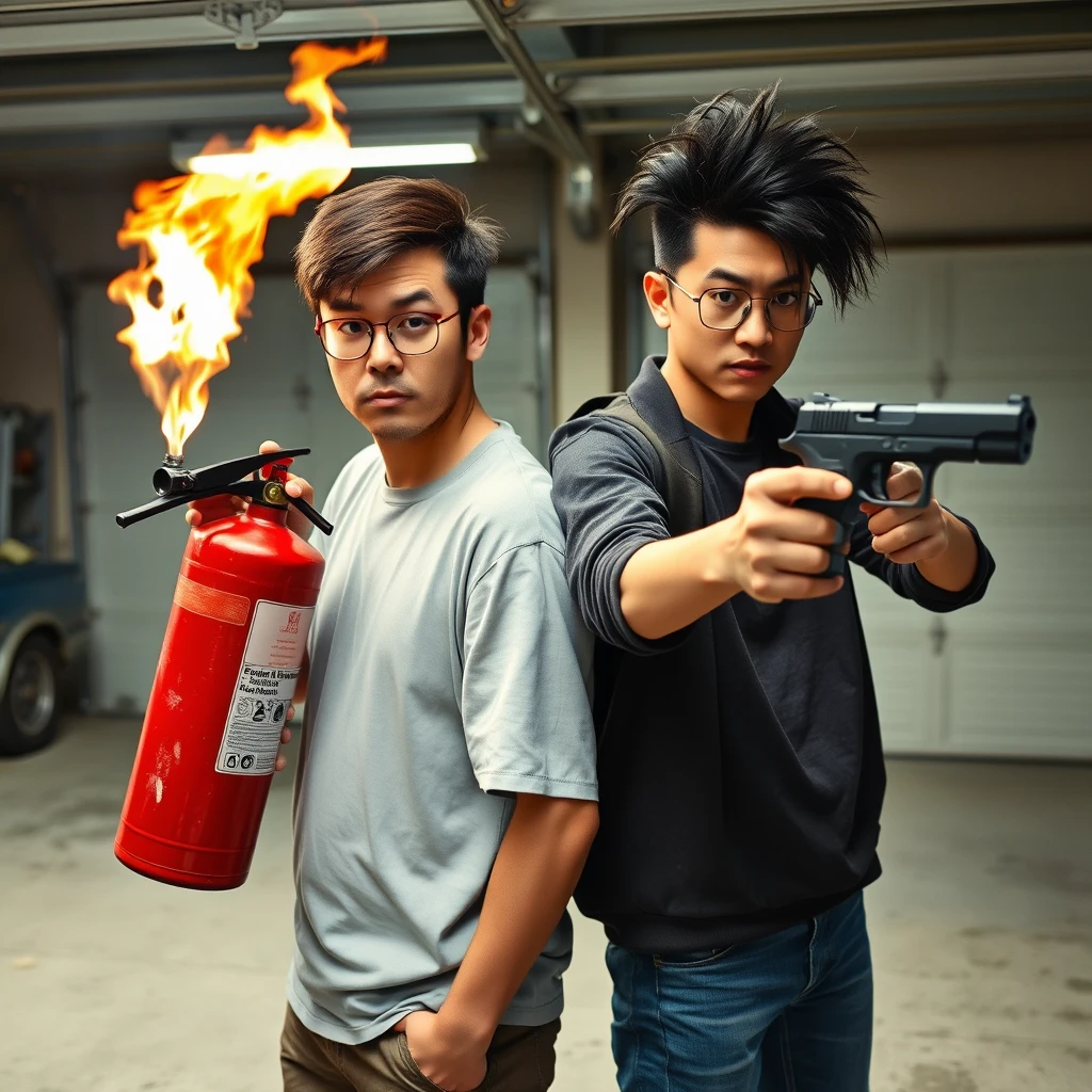 21-year-old white Italian man with round prescription glasses and short hair holding a very large fire extinguisher flamethrower; 21-year-old Northern Chinese man with long black hair in a mullet, square glasses, holding a pistol; both angry; murderous intent; garage setting. - Image