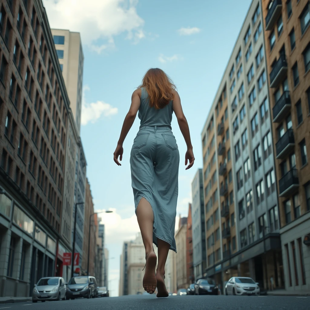 50 meter tall giant woman walking through city barefoot, view from behind building, she towers over building rooftops.