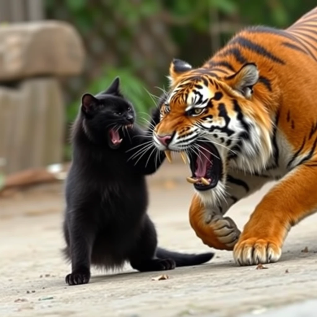 an angry black cat fighting with an angry tiger